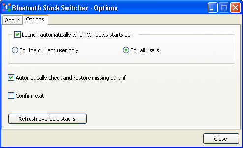Bluetooth Stack Switcher options